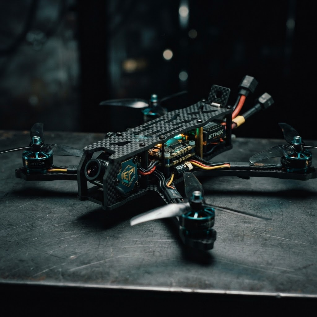 רחפן FPV מקצועי מסיבי פחמן בתאורה קולנועית